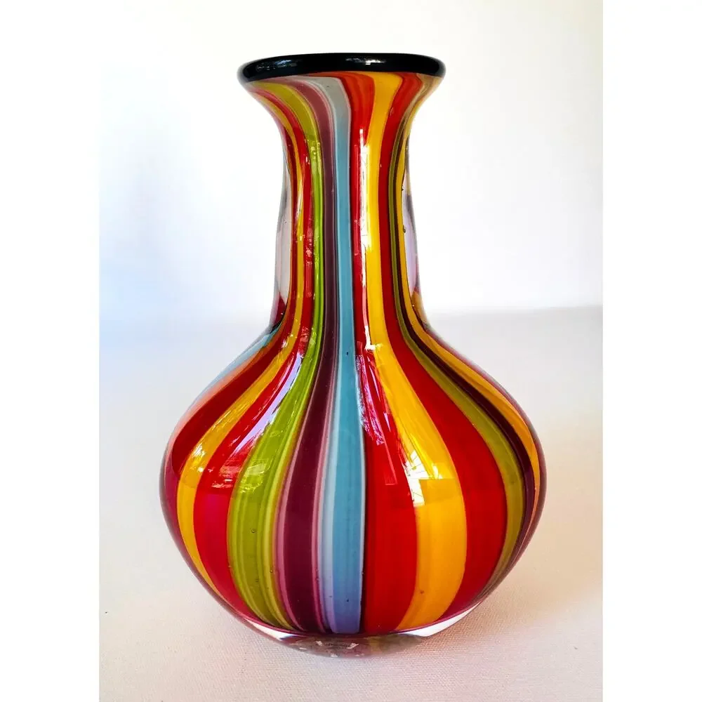 Badash Hand Blown Art Glass Rainbow Stripe Vase Black Rim 9